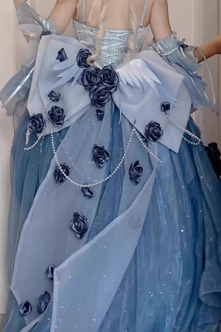 [Pre] Hime Lolita Sky Blue Embroidery Lace-Up Asymmetrical Princess Dress with High-Low Hemline