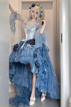 [Pre] Hime Lolita Sky Blue Embroidery Lace-Up Asymmetrical Princess Dress with High-Low Hemline