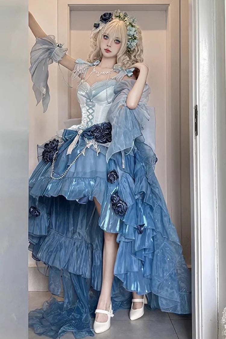 [Pre] Hime Lolita Sky Blue Embroidery Lace-Up Asymmetrical Princess Dress with High-Low Hemline