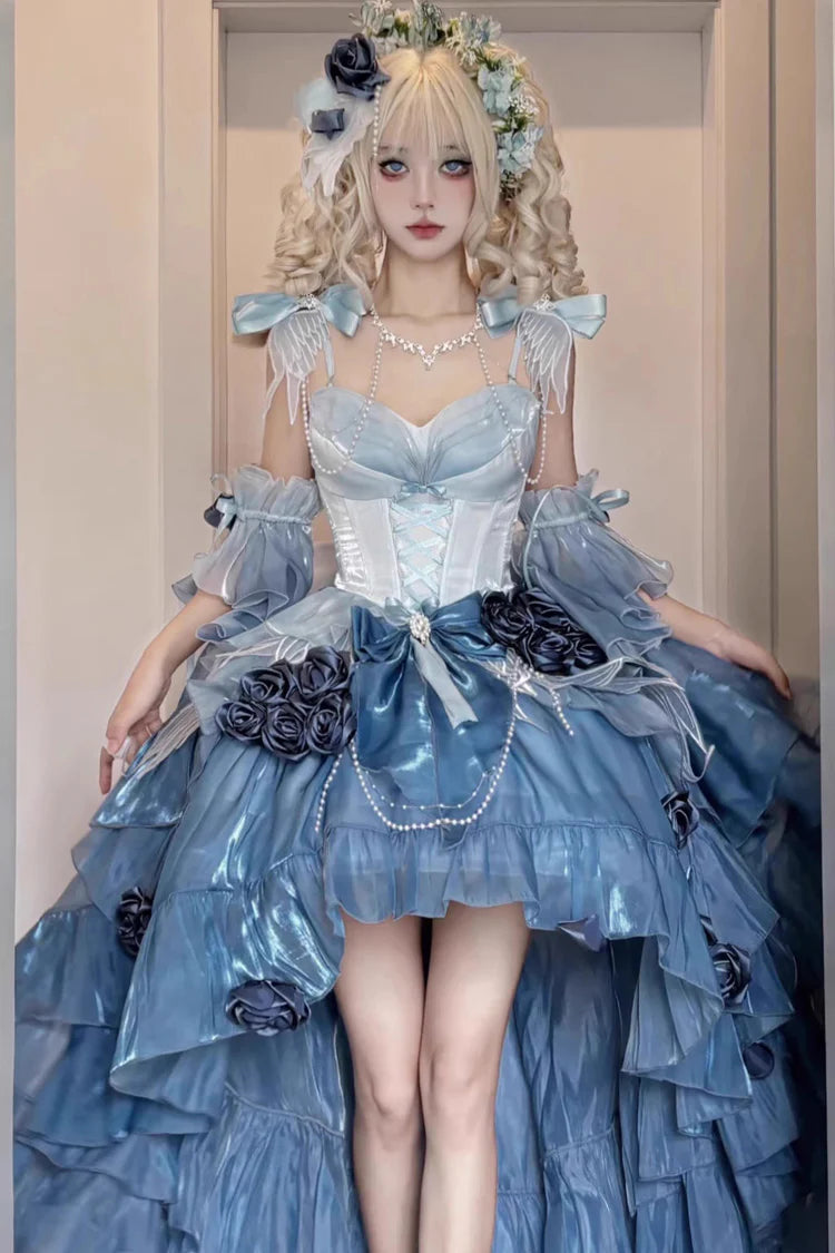 [Pre] Hime Lolita Sky Blue Embroidery Lace-Up Asymmetrical Princess Dress with High-Low Hemline