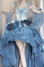 [Pre] Hime Lolita Sky Blue Embroidery Lace-Up Asymmetrical Princess Dress with High-Low Hemline
