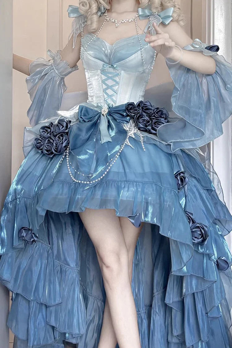 [Pre] Hime Lolita Sky Blue Embroidery Lace-Up Asymmetrical Princess Dress with High-Low Hemline