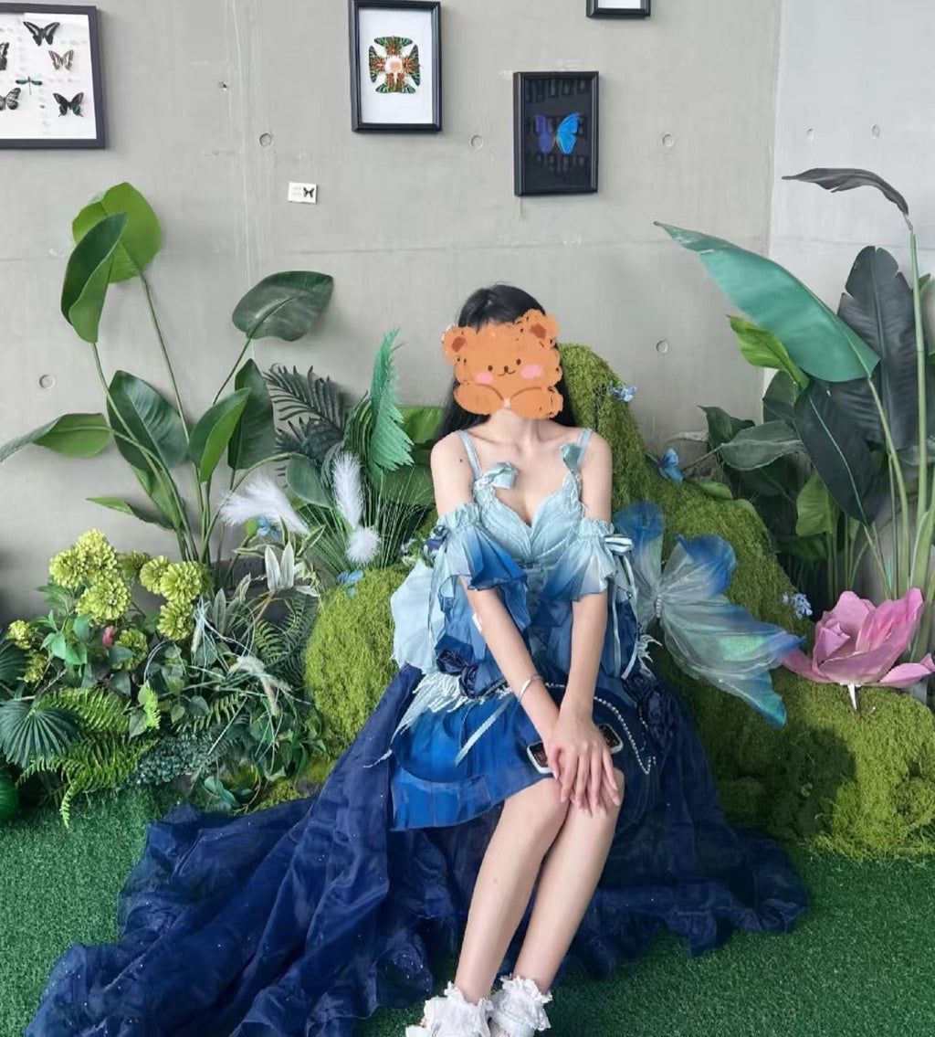 [Pre] Hime Lolita Undersea Blue Embroidery Lace-Bow Tie-Front High-Low Ballet Princess OP Long Version
