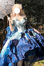 [Pre] Hime Lolita Undersea Blue Embroidery Lace-Bow Tie-Front High-Low Ballet Princess OP Long Version