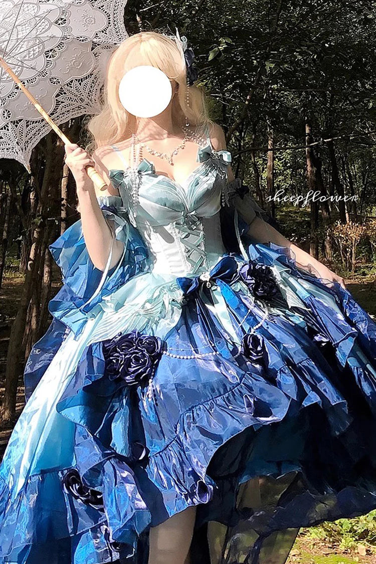 [Pre] Hime Lolita Undersea Blue Embroidery Lace-Bow Tie-Front High-Low Ballet Princess OP Long Version