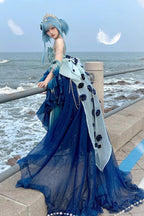 [Pre] Hime Lolita Undersea Blue Embroidery Lace-Bow Tie-Front High-Low Ballet Princess OP Long Version