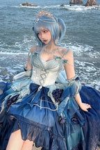 [Pre] Hime Lolita Undersea Blue Embroidery Lace-Bow Tie-Front High-Low Ballet Princess OP Long Version