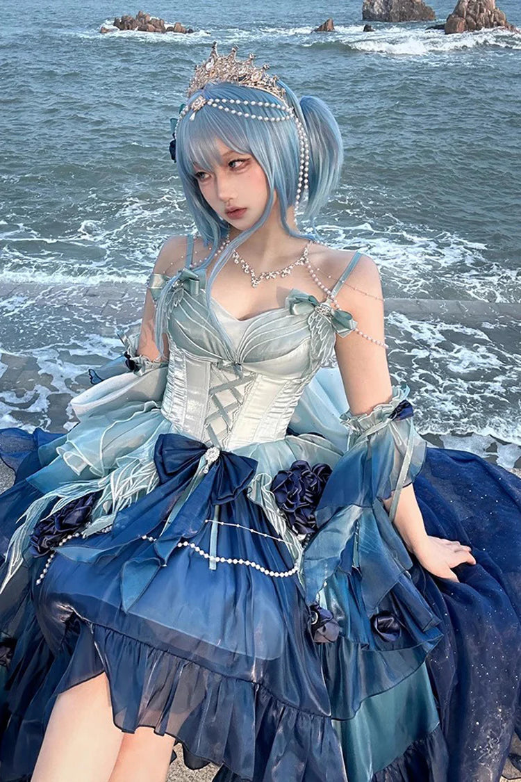 [Pre] Hime Lolita Undersea Blue Embroidery Lace-Bow Tie-Front High-Low Ballet Princess OP Long Version