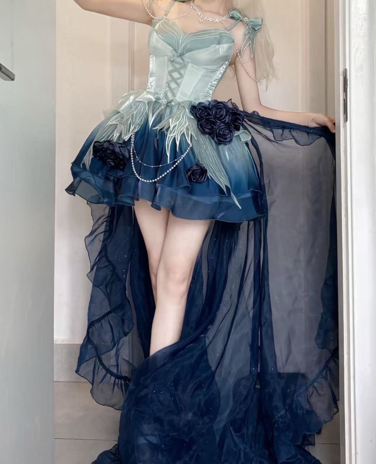 [Pre] Hime Lolita Undersea Blue Gradient Rose Embroidery Bow Ballet JSK Dress Short Version