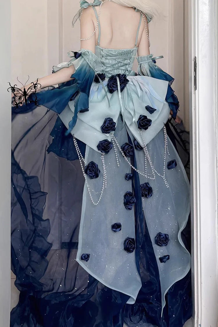 [Pre] Hime Lolita Undersea Blue Gradient Rose Embroidery Bow Ballet JSK Dress Short Version