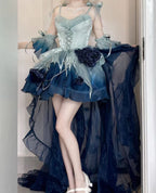 [Pre] Hime Lolita Undersea Blue Gradient Rose Embroidery Bow Ballet JSK Dress Short Version