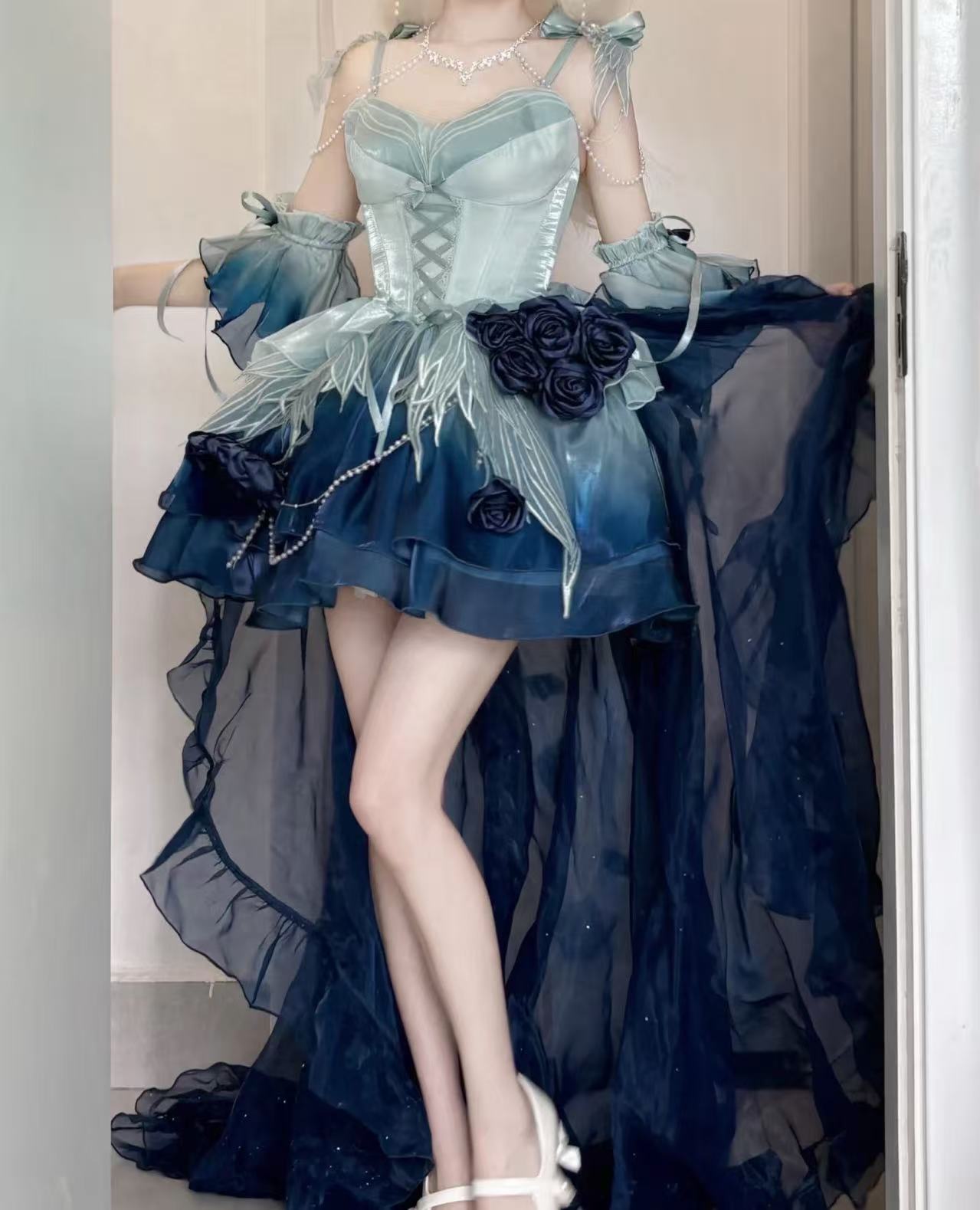 [Pre] Hime Lolita Undersea Blue Gradient Rose Embroidery Bow Ballet JSK Dress Short Version