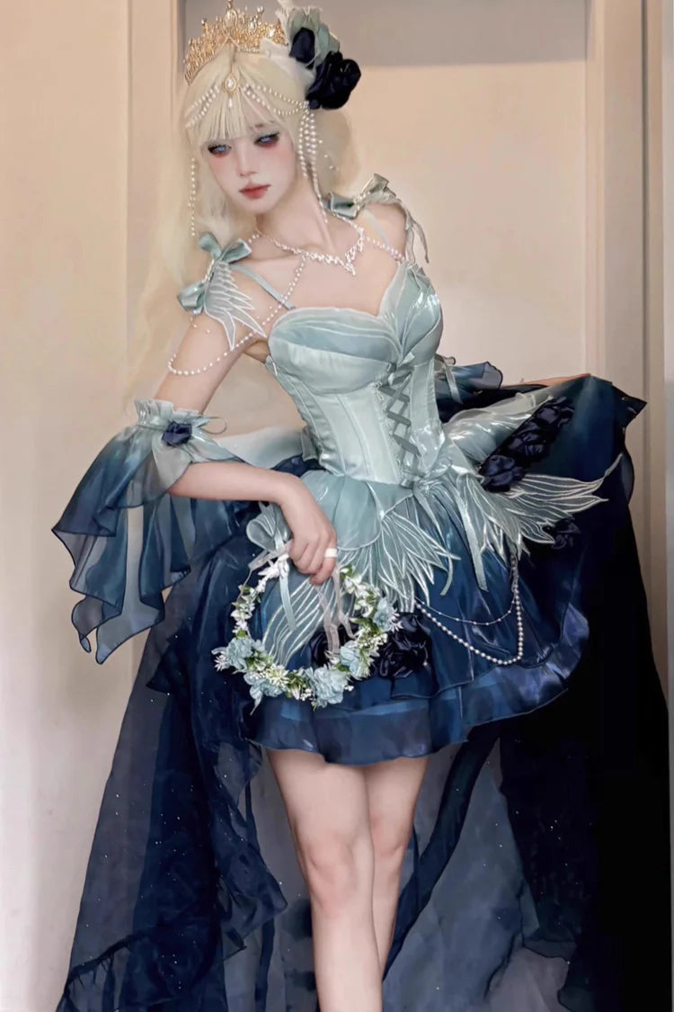 [Pre] Hime Lolita Undersea Blue Gradient Rose Embroidery Bow Ballet JSK Dress Short Version