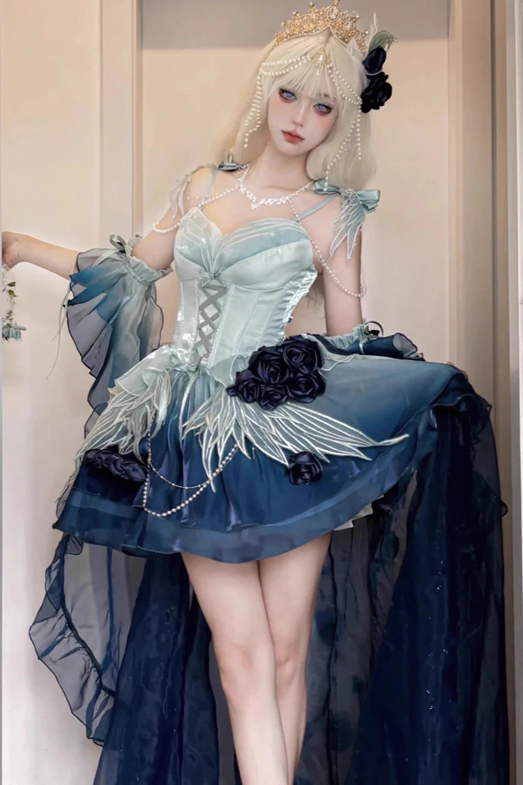 [Pre] Hime Lolita Undersea Blue Gradient Rose Embroidery Bow Ballet JSK Dress Short Version