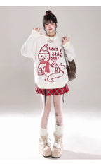 [Pre]Lolita Blouse Beige Black Red Sweet  Round Neck Mink Plush Loose Knit Sweater