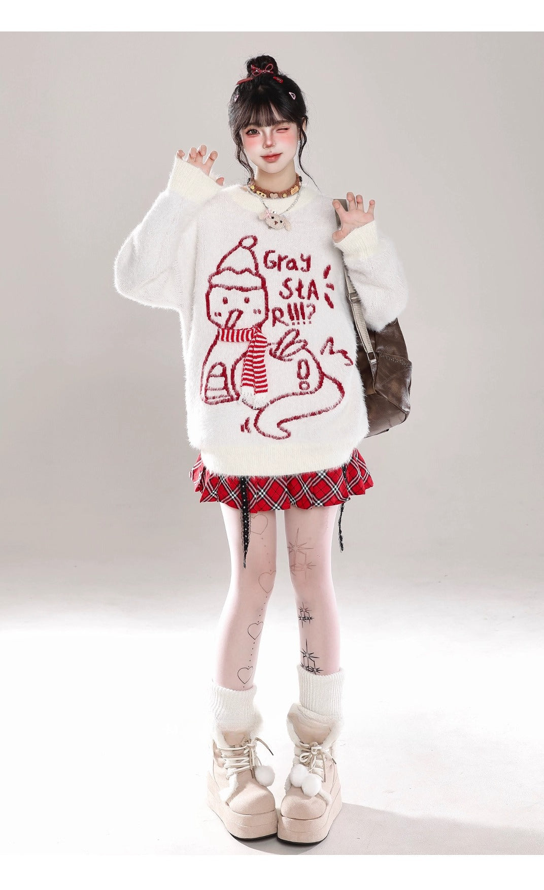 [Pre]Lolita Blouse Beige Black Red Sweet  Round Neck Mink Plush Loose Knit Sweater