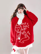 [Pre]Lolita Blouse Beige Black Red Sweet  Round Neck Mink Plush Loose Knit Sweater