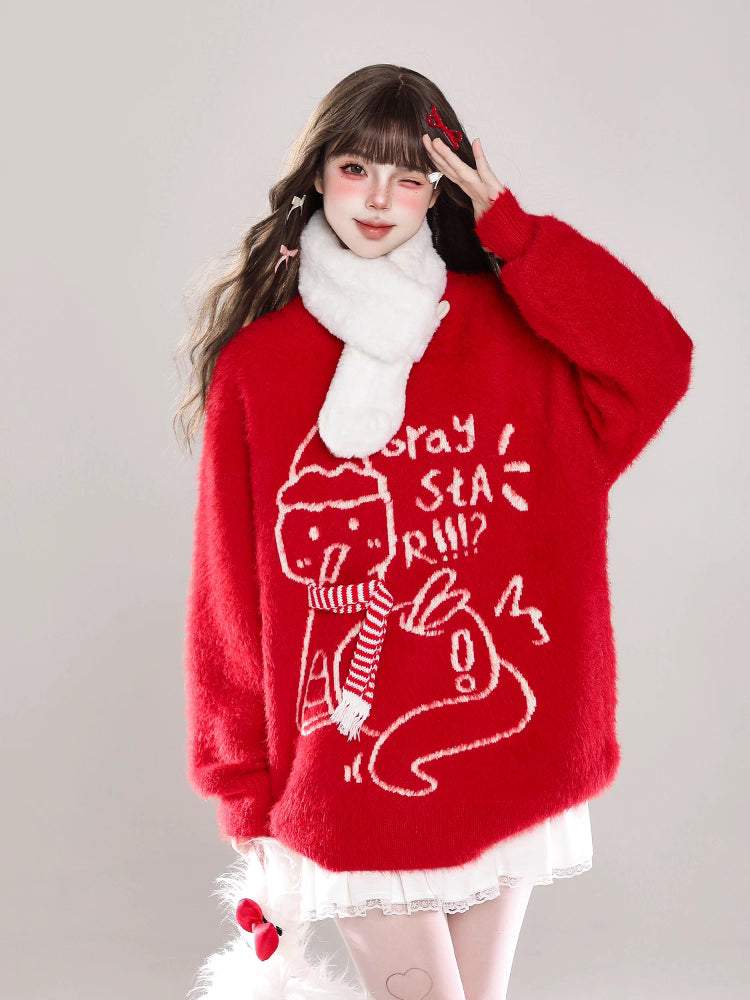[Pre]Lolita Blouse Beige Black Red Sweet  Round Neck Mink Plush Loose Knit Sweater