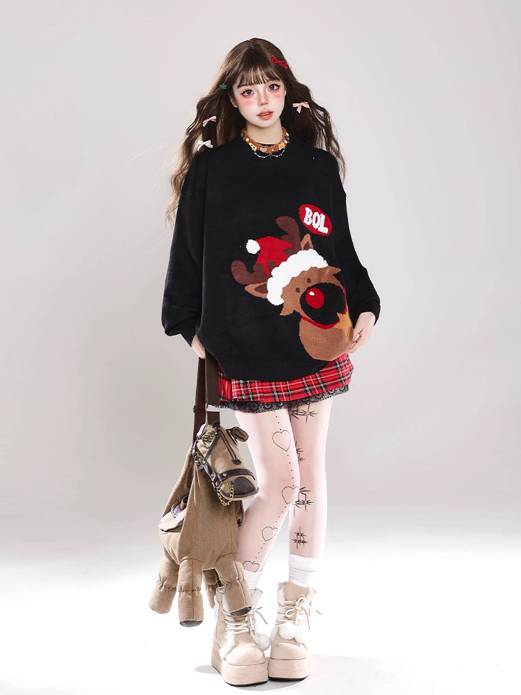 Description:
Celebrate the festive season in playful elegance with our Lolita Blouse Red Black Reindeer Knit Pullover Casual Sweater. Designed with a cozy round neck and crafted from soft knit fabric, this sweater combines comfort with charming holiday style. The cute reindeer motif adds a touch of whimsy, making it perfect for Christmas gatherings or cheerful daily wear. With its relaxed fit and versatile design, it pairs effortlessly with skirts or pants, bringing a unique blend of warmth and festive char