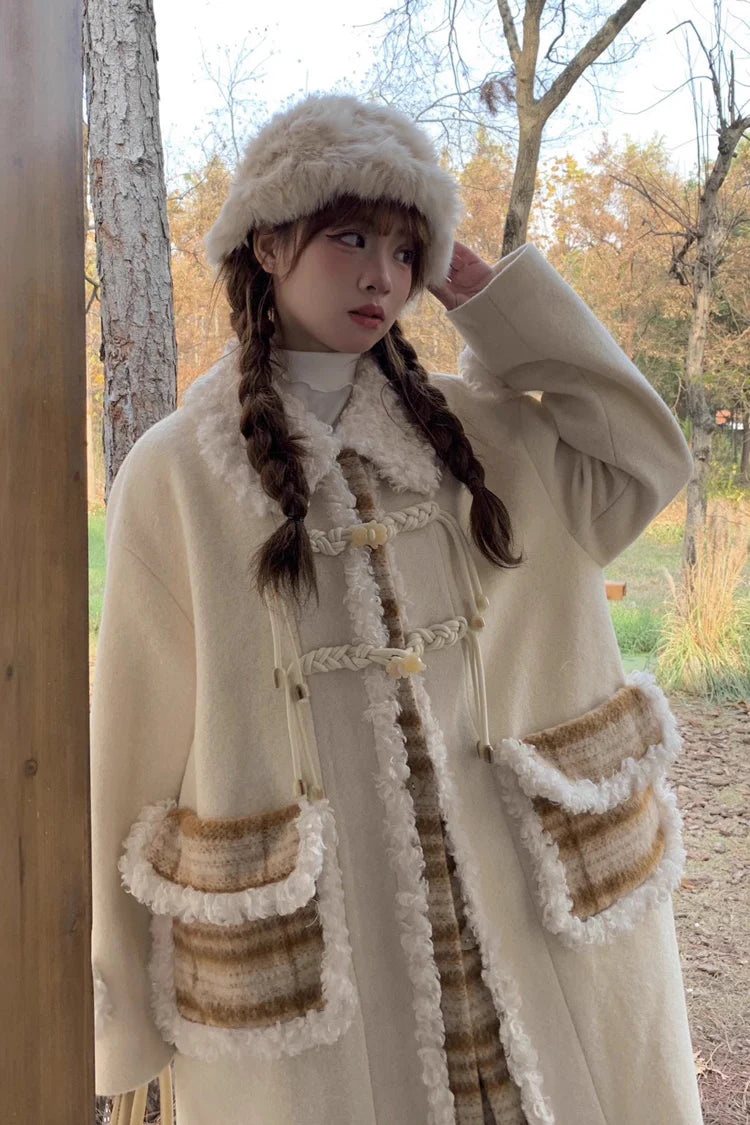 Design Concept:

This Lolita long jacket in beige features a charming doll collar, long sleeves, and a checked print design with intricate stitching details. The silhouette combines elegance with a sweet Lolita aesthetic, perfect for layering over dresses or skirts. Ideal for daily wear, outings, or special occasions, this long coat adds a playful and sophisticated touch to any Lolita ensemble.