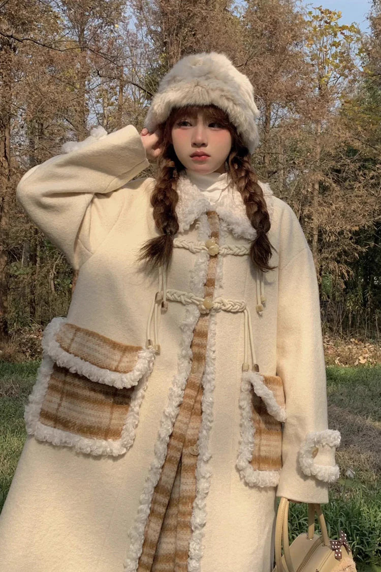 Design Concept:

This Lolita long jacket in beige features a charming doll collar, long sleeves, and a checked print design with intricate stitching details. The silhouette combines elegance with a sweet Lolita aesthetic, perfect for layering over dresses or skirts. Ideal for daily wear, outings, or special occasions, this long coat adds a playful and sophisticated touch to any Lolita ensemble.