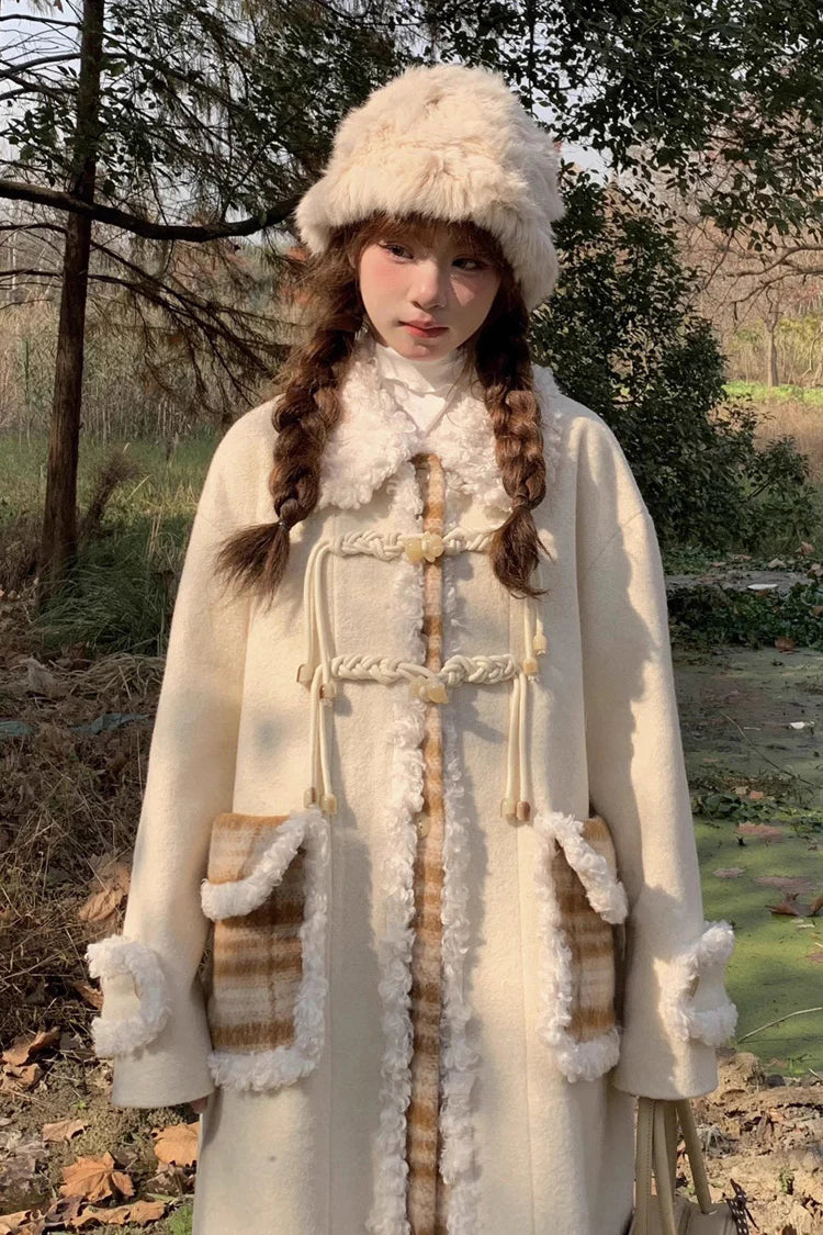 Design Concept:

This Lolita long jacket in beige features a charming doll collar, long sleeves, and a checked print design with intricate stitching details. The silhouette combines elegance with a sweet Lolita aesthetic, perfect for layering over dresses or skirts. Ideal for daily wear, outings, or special occasions, this long coat adds a playful and sophisticated touch to any Lolita ensemble.