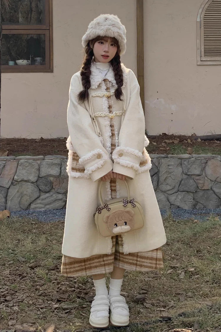 Design Concept:

This Lolita long jacket in beige features a charming doll collar, long sleeves, and a checked print design with intricate stitching details. The silhouette combines elegance with a sweet Lolita aesthetic, perfect for layering over dresses or skirts. Ideal for daily wear, outings, or special occasions, this long coat adds a playful and sophisticated touch to any Lolita ensemble.