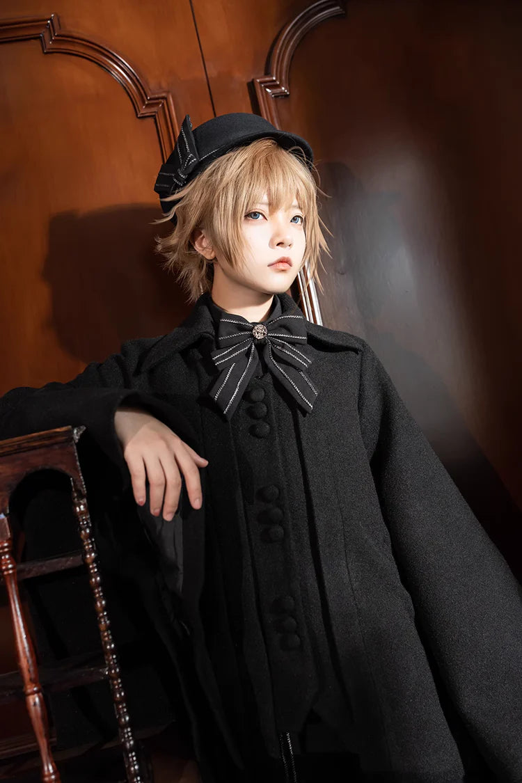 Design Concept:

This Lolita coat in classic black features a vintage Ouji-inspired design with oversized wide sleeves. Made from soft wool fabric, it offers both warmth and elegance for autumn and winter wear. The loose silhouette creates a graceful flow, while the retro details highlight a noble and stylish Lolita aesthetic. Perfect for pairing with dresses, skirts, or formal Lolita outfits, this overcoat combines comfort, functionality, and timeless charm.