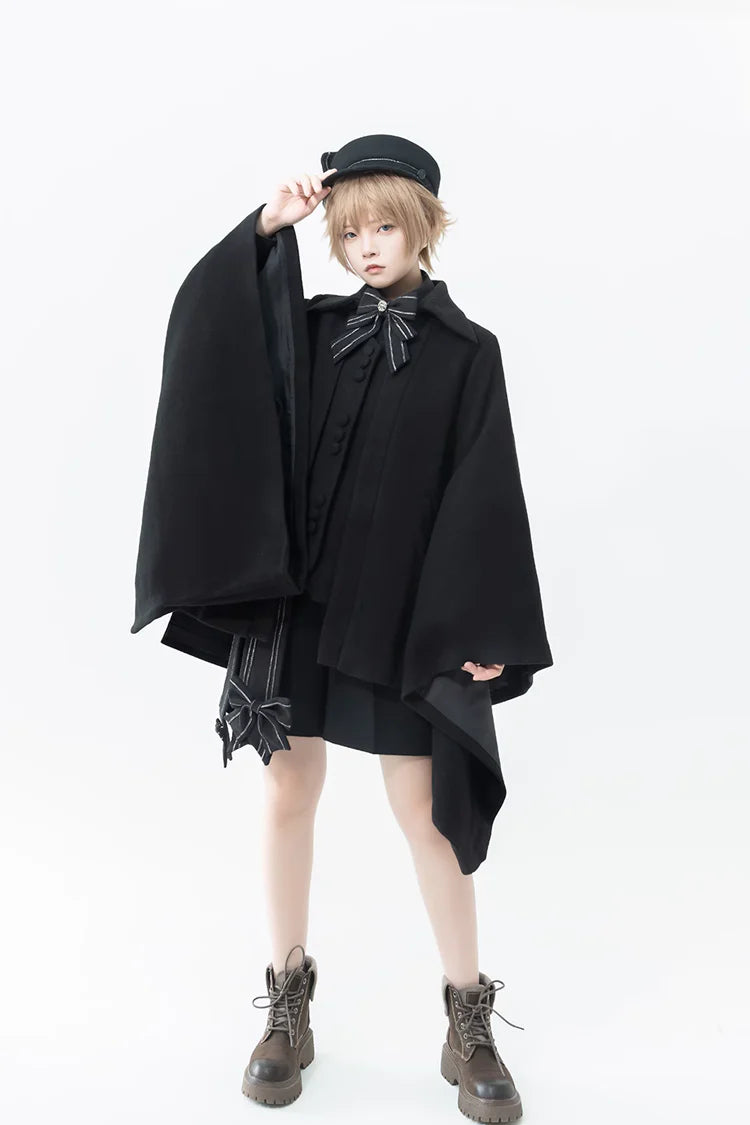 Design Concept:

This Lolita coat in classic black features a vintage Ouji-inspired design with oversized wide sleeves. Made from soft wool fabric, it offers both warmth and elegance for autumn and winter wear. The loose silhouette creates a graceful flow, while the retro details highlight a noble and stylish Lolita aesthetic. Perfect for pairing with dresses, skirts, or formal Lolita outfits, this overcoat combines comfort, functionality, and timeless charm.