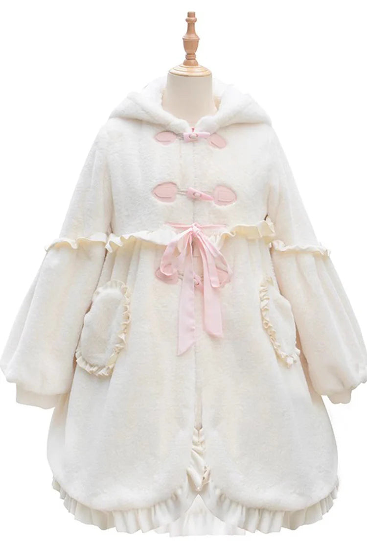 Design Concept:

This adorable Lolita longline coat brings whimsical charm to everyday wear. Crafted from soft ivory fabric, it features a playful hood adorned with long rabbit ears, delicate ruffle trim, and a charming ribbon accent at the front. The long silhouette provides both comfort and elegance, making it perfect for layering over dresses or skirts. Ideal for daily Lolita styling, this coat combines cute details with practical warmth, creating a sweet and enchanting look.