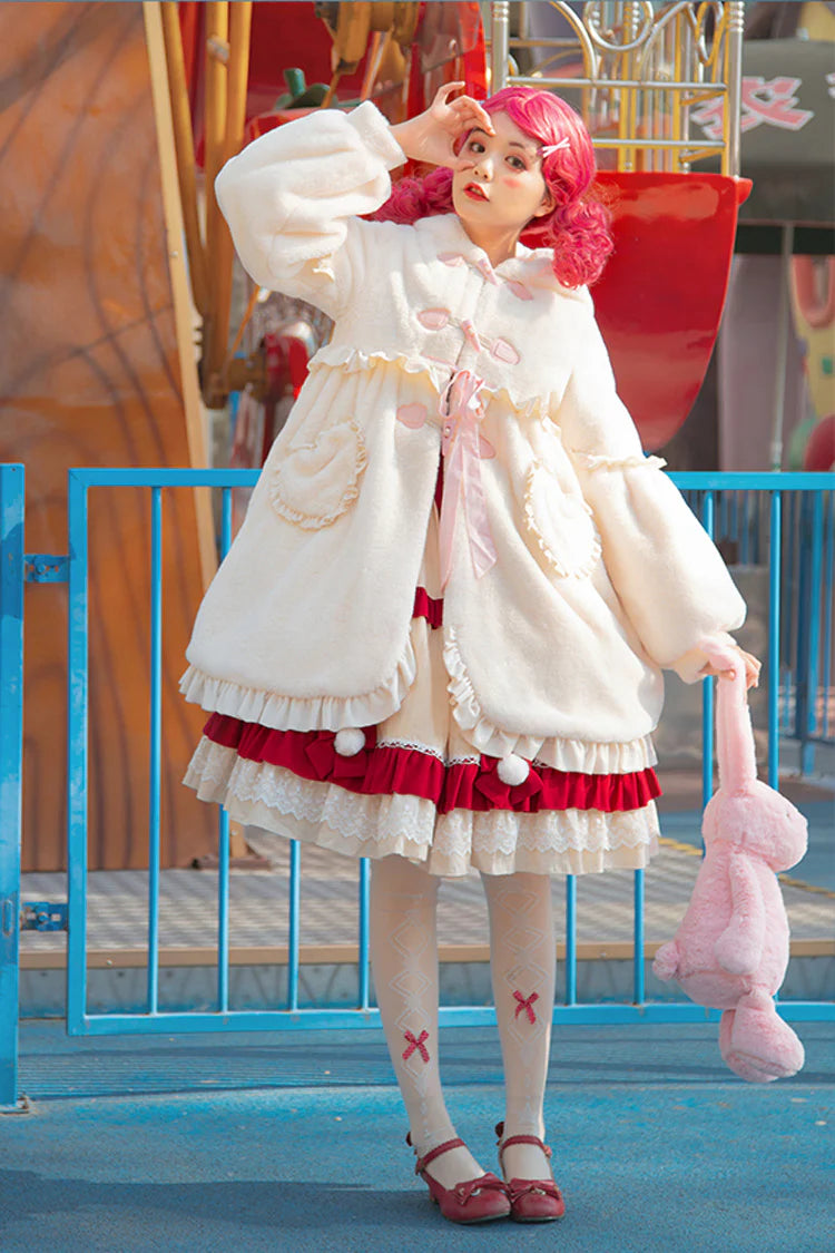 Design Concept:

This adorable Lolita longline coat brings whimsical charm to everyday wear. Crafted from soft ivory fabric, it features a playful hood adorned with long rabbit ears, delicate ruffle trim, and a charming ribbon accent at the front. The long silhouette provides both comfort and elegance, making it perfect for layering over dresses or skirts. Ideal for daily Lolita styling, this coat combines cute details with practical warmth, creating a sweet and enchanting look.