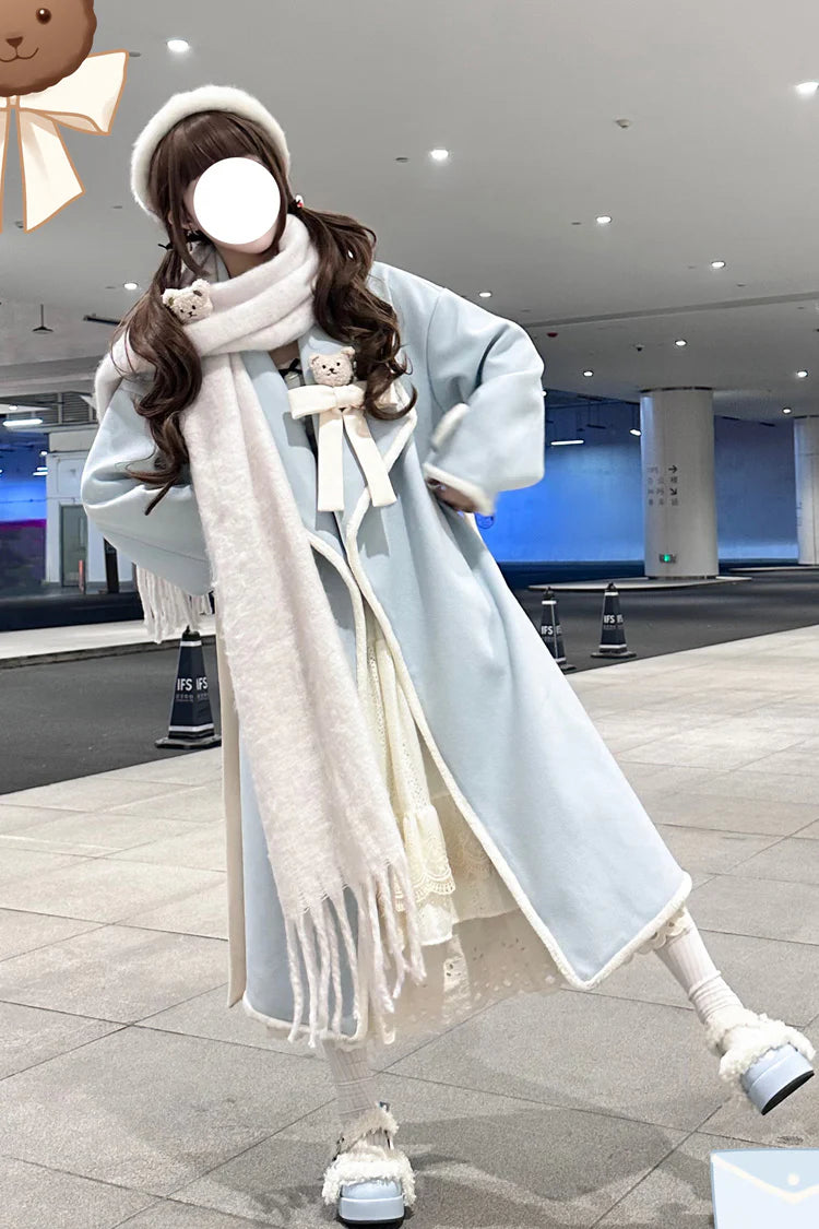 Design Concept:

This elegant Lolita longline coat is designed to combine sweet charm with cozy comfort. Crafted from soft, high-quality fabric, it features long sleeves and a delicate ribbon detail at the front, adding a playful yet refined touch. The flowing silhouette enhances the graceful appearance, making it perfect for layering over dresses in cooler seasons. Available in two lovely colors—soft pink and gentle blue—this coat is ideal for those seeking a sweet, feminine Lolita style with a long, flatt
