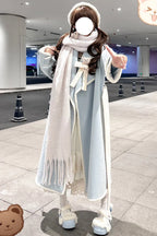 Design Concept:

This elegant Lolita longline coat is designed to combine sweet charm with cozy comfort. Crafted from soft, high-quality fabric, it features long sleeves and a delicate ribbon detail at the front, adding a playful yet refined touch. The flowing silhouette enhances the graceful appearance, making it perfect for layering over dresses in cooler seasons. Available in two lovely colors—soft pink and gentle blue—this coat is ideal for those seeking a sweet, feminine Lolita style with a long, flatt