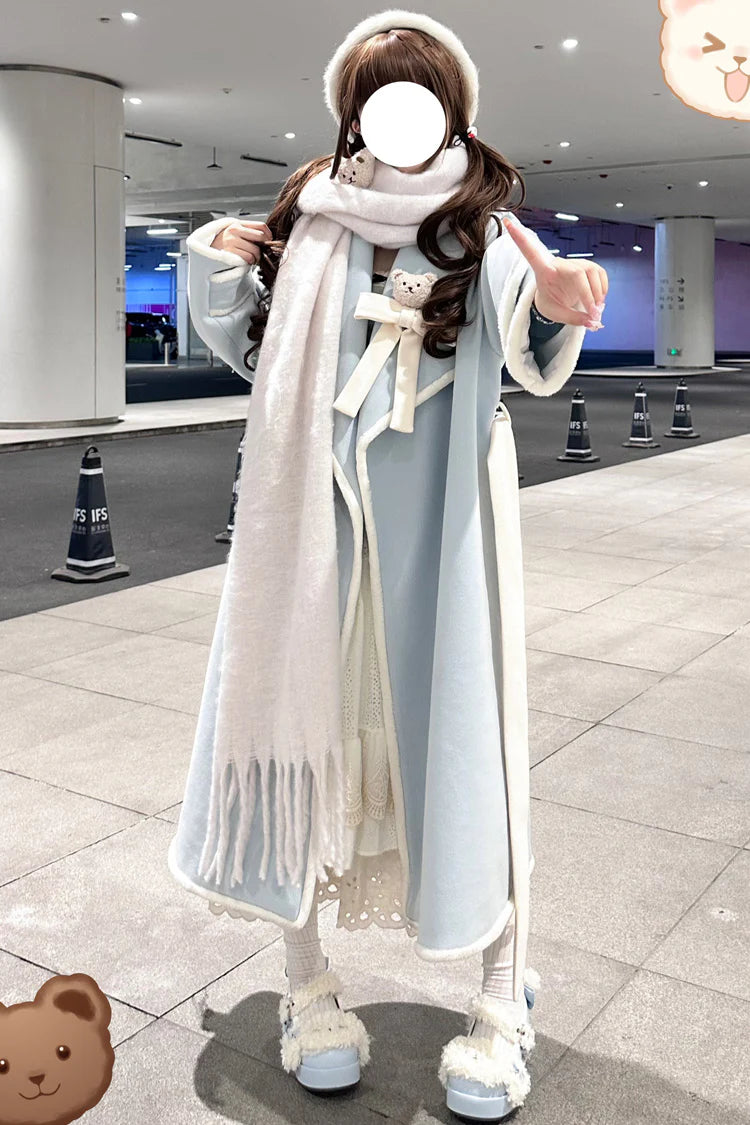 Design Concept:

This elegant Lolita longline coat is designed to combine sweet charm with cozy comfort. Crafted from soft, high-quality fabric, it features long sleeves and a delicate ribbon detail at the front, adding a playful yet refined touch. The flowing silhouette enhances the graceful appearance, making it perfect for layering over dresses in cooler seasons. Available in two lovely colors—soft pink and gentle blue—this coat is ideal for those seeking a sweet, feminine Lolita style with a long, flatt