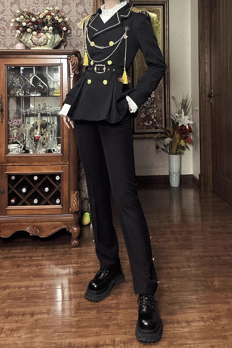 This Lolita coat in black features a turn-down collar and long sleeves, designed with an Ouji-inspired military style. The prince-like silhouette and tailored jacket cut create a stylish and refined look, perfect for completing a sharp and elegant Lolita ensemble. Ideal for daily wear, photoshoots, or special occasions, this coat combines structured design with playful Lolita charm.