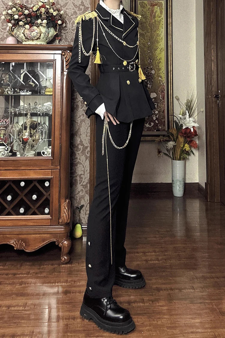 Design Concept:

This Lolita coat in black features a turn-down collar and long sleeves, designed with an Ouji-inspired military style. The prince-like silhouette and tailored jacket cut create a stylish and refined look, perfect for completing a sharp and elegant Lolita ensemble. Ideal for daily wear, photoshoots, or special occasions, this coat combines structured design with playful Lolita charm.