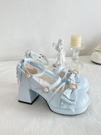 [Pre] Lolita Shoes Pink Blue Rose Heart Knot High Heels Daily Japanese Sweet Four Seasons Versatile Round Head Bow Elegant Style
