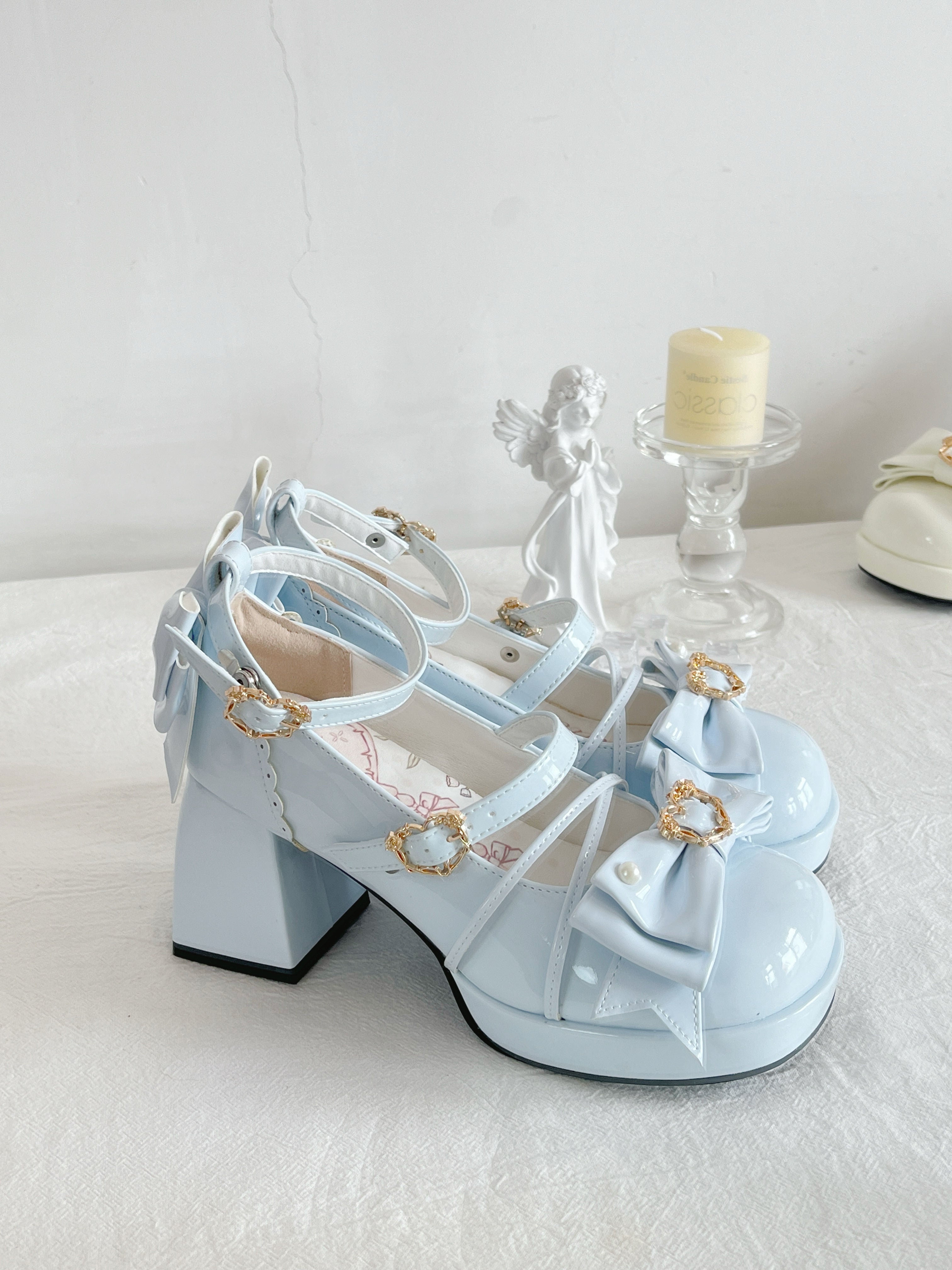 [Pre] Lolita Shoes Pink Blue Rose Heart Knot High Heels Daily Japanese Sweet Four Seasons Versatile Round Head Bow Elegant Style