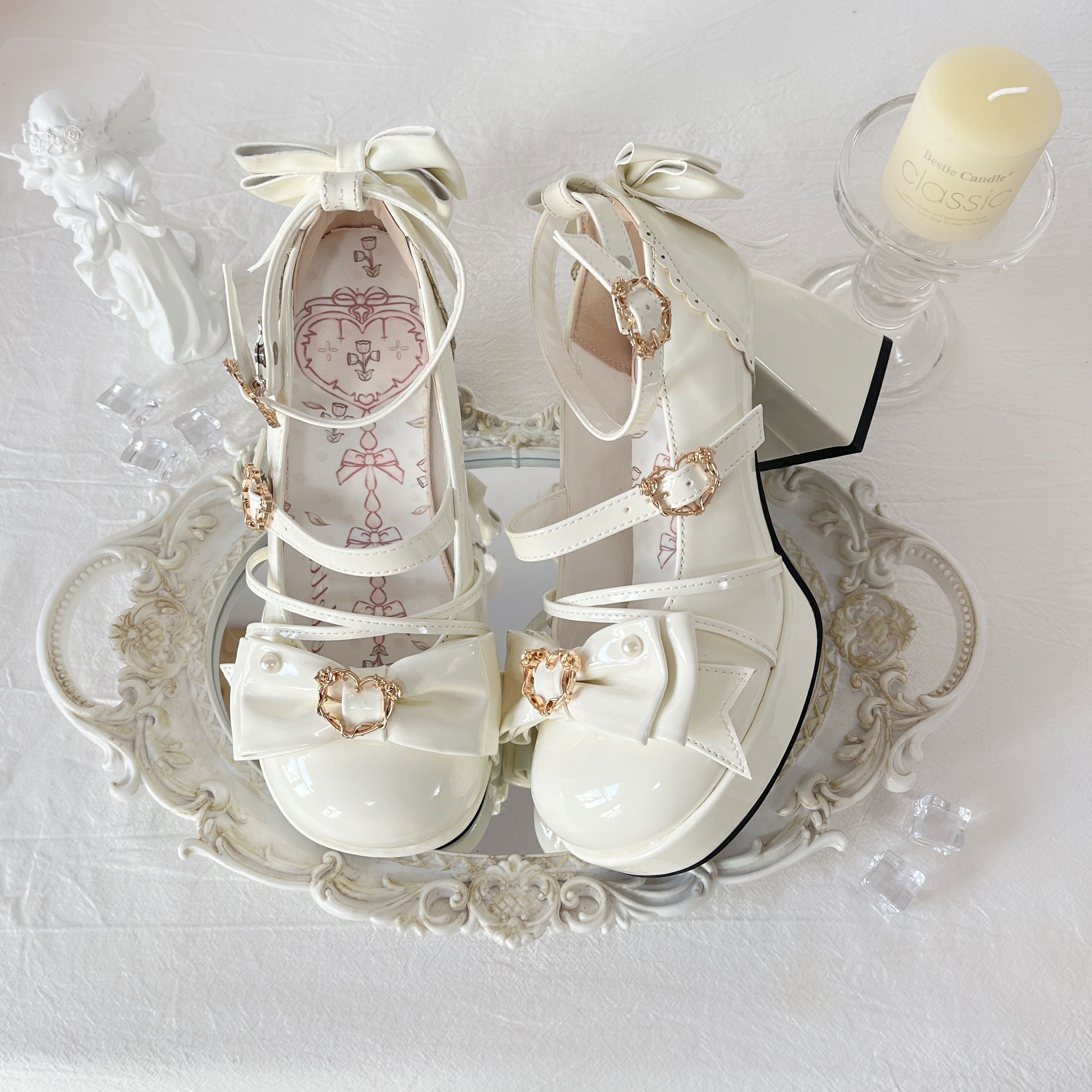 [Pre] Lolita Shoes Pink Blue Rose Heart Knot High Heels Daily Japanese Sweet Four Seasons Versatile Round Head Bow Elegant Style