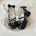 [Pre] Lolita Shoes Pink Blue Rose Heart Knot High Heels Daily Japanese Sweet Four Seasons Versatile Round Head Bow Elegant Style