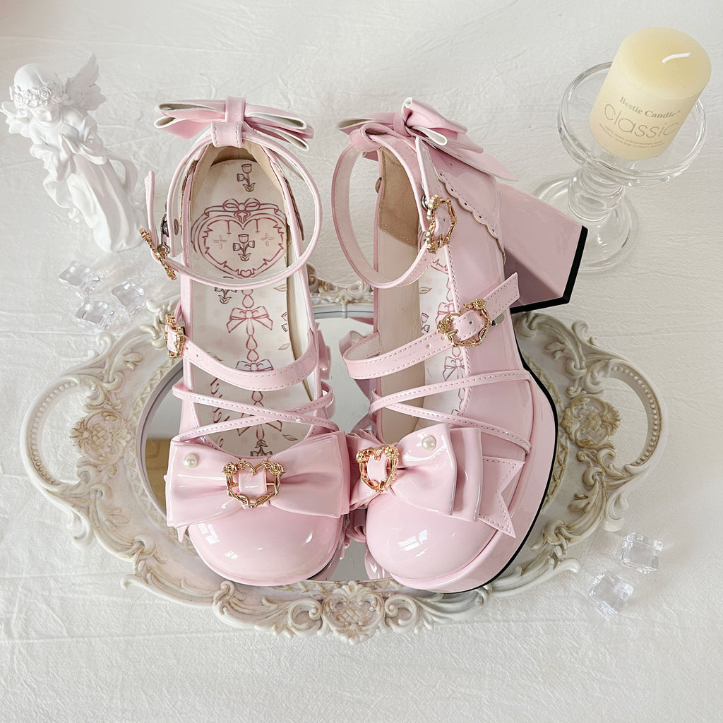 [Pre] Lolita Shoes Pink Blue Rose Heart Knot High Heels Daily Japanese Sweet Four Seasons Versatile Round Head Bow Elegant Style