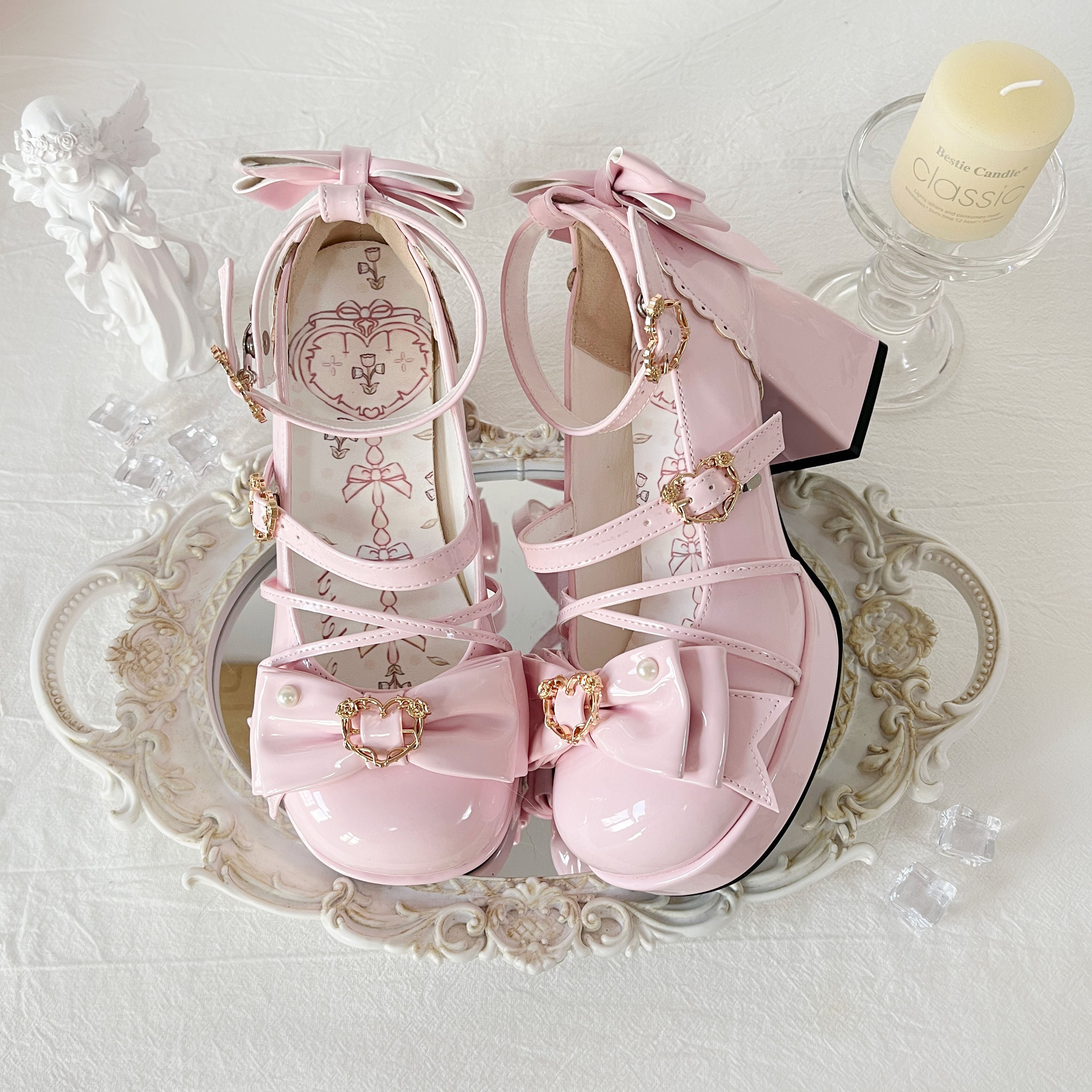 [Pre] Lolita Shoes Pink Blue Rose Heart Knot High Heels Daily Japanese Sweet Four Seasons Versatile Round Head Bow Elegant Style