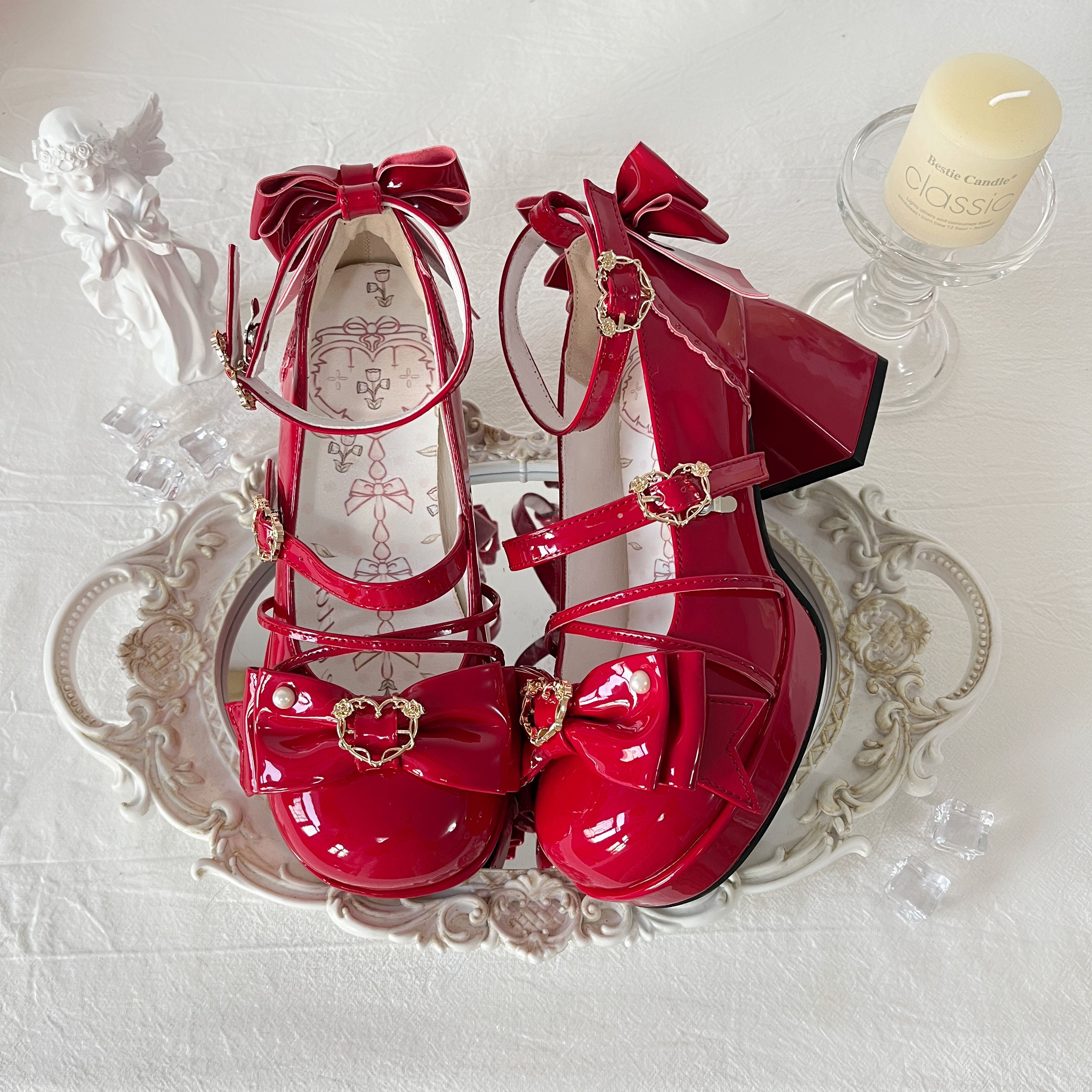 [Pre] Lolita Shoes Pink Blue Rose Heart Knot High Heels Daily Japanese Sweet Four Seasons Versatile Round Head Bow Elegant Style