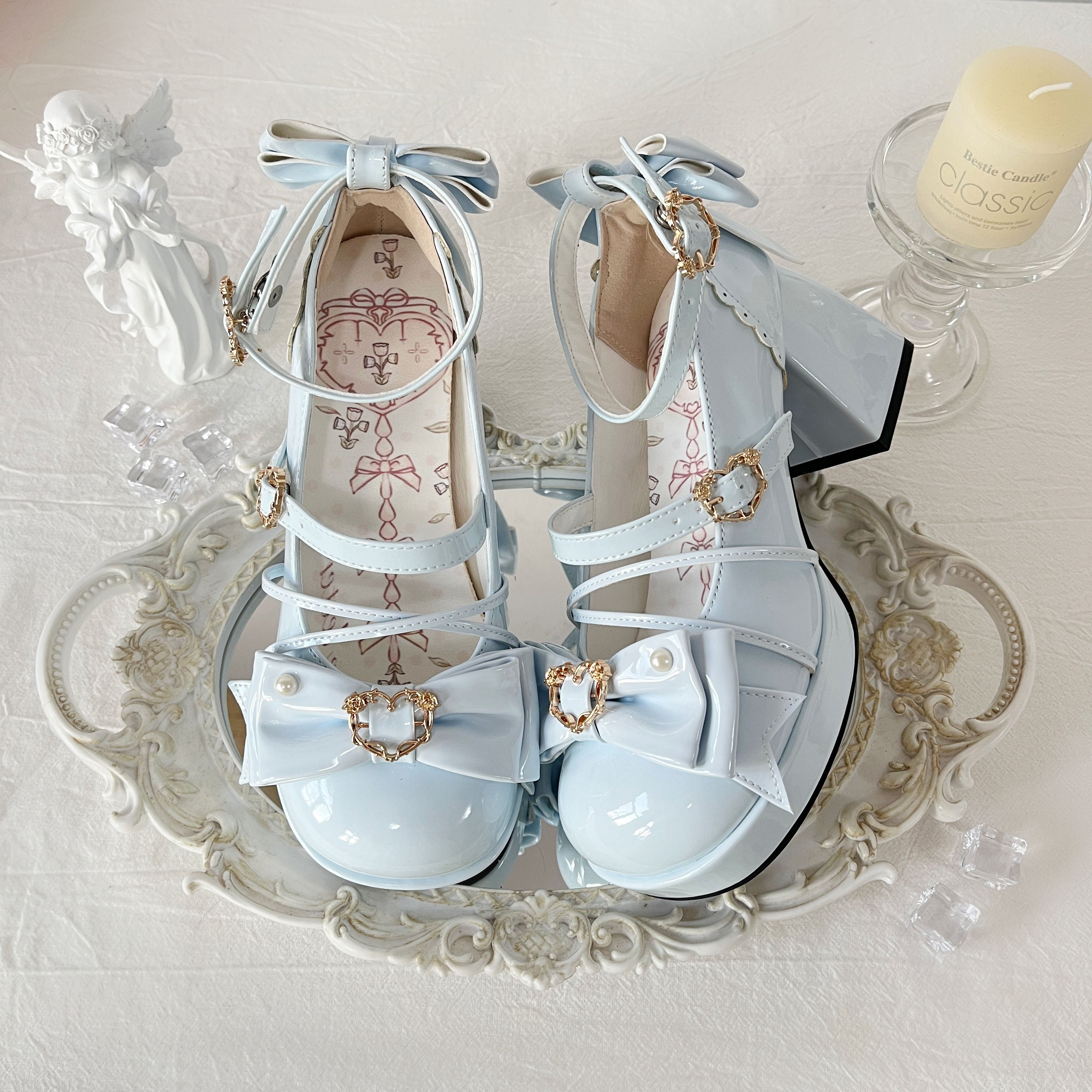 [Pre] Lolita Shoes Pink Blue Rose Heart Knot High Heels Daily Japanese Sweet Four Seasons Versatile Round Head Bow Elegant Style