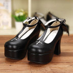 Design Concept:

Embrace a divine blend of sacred and dark aesthetics with these Lolita heels, featuring an intricate design of delicate crosses and graceful angel wings that symbolize celestial beauty. Crafted in striking white and black, these platform heels boast a chunky block heel for elevated height without compromising on comfort, making them a perfect statement piece for your Gothic, Classic, or Holy Land Lolita coordinates.