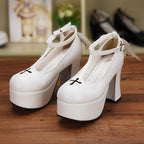 Design Concept:

Embrace a divine blend of sacred and dark aesthetics with these Lolita heels, featuring an intricate design of delicate crosses and graceful angel wings that symbolize celestial beauty. Crafted in striking white and black, these platform heels boast a chunky block heel for elevated height without compromising on comfort, making them a perfect statement piece for your Gothic, Classic, or Holy Land Lolita coordinates.