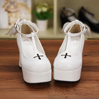 Design Concept:

Embrace a divine blend of sacred and dark aesthetics with these Lolita heels, featuring an intricate design of delicate crosses and graceful angel wings that symbolize celestial beauty. Crafted in striking white and black, these platform heels boast a chunky block heel for elevated height without compromising on comfort, making them a perfect statement piece for your Gothic, Classic, or Holy Land Lolita coordinates.