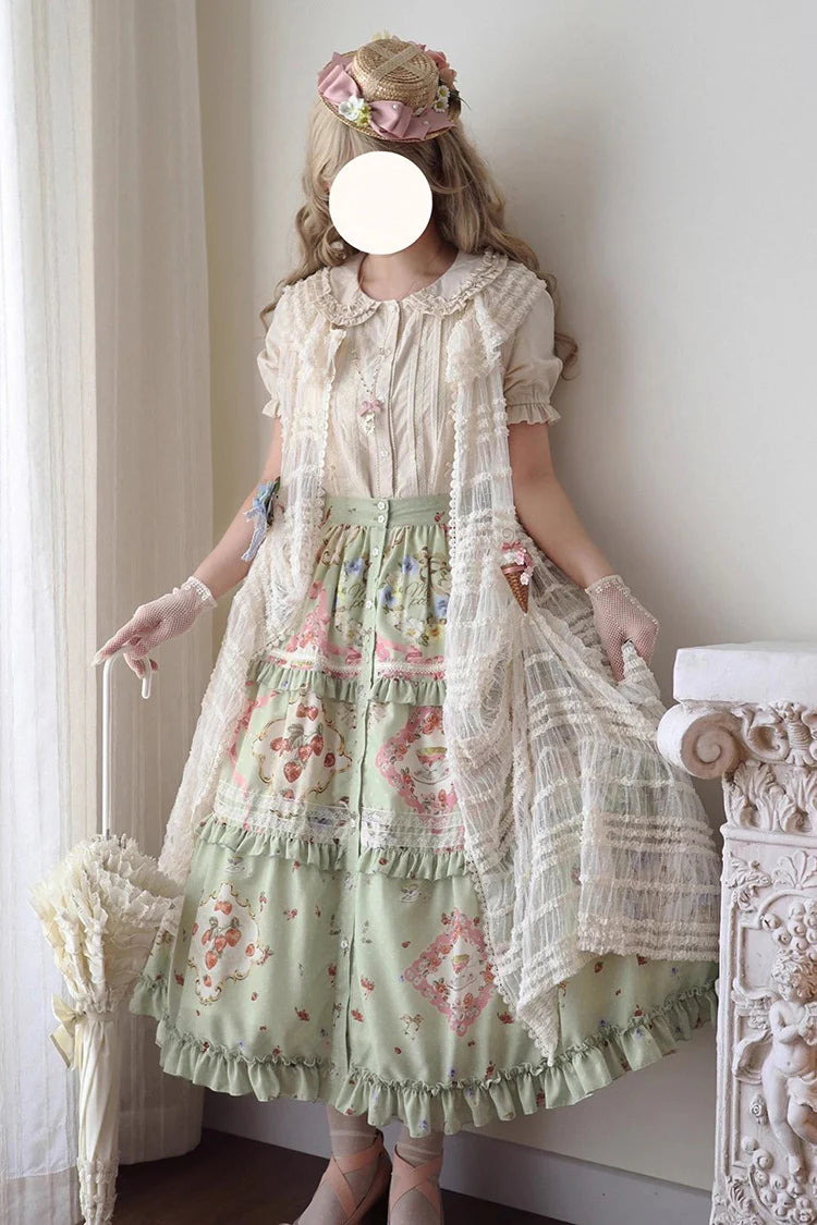 Design Concept:

This exquisite Lolita skirt is a page from a fairy tale.&nbsp;Crafted in a soft green fabric adorned with a delicate floral print, it captures the essence of a secret garden. The graceful ruffle trim adds a touch of playful movement with every step, while the classic A-line silhouette ensures a flattering fit.&nbsp;Perfect for tea parties, conventions, or any occasion where you wish to embody pure, romantic elegance.