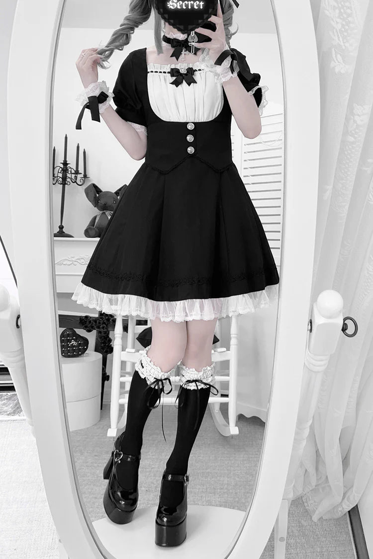 [Pre] Maid Outfit Black White Puff Sleeves Ruffle Ribbon Cross Belt Elegant Sweet Japanese Lolita Dress Set