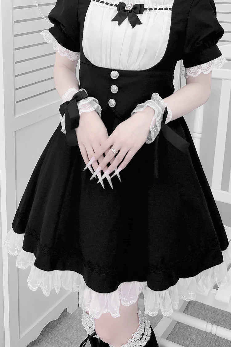 [Pre] Maid Outfit Black White Puff Sleeves Ruffle Ribbon Cross Belt Elegant Sweet Japanese Lolita Dress Set